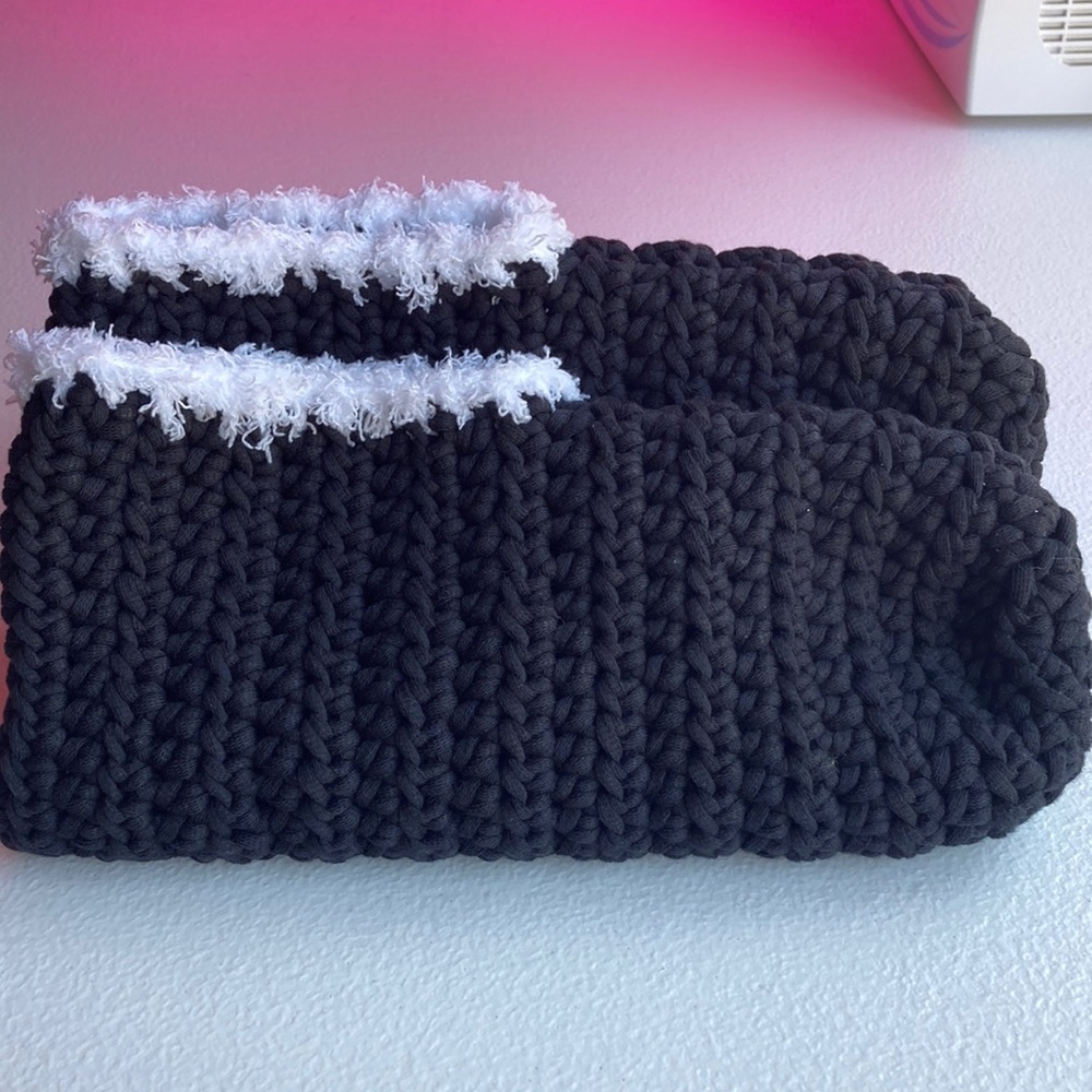 Hand crochet slippers color black with white trim